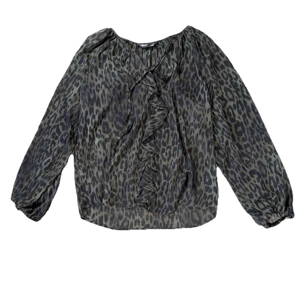 Simply Vera Vera Wang Sz M Olive Black Cheetah Ruffle Sheer Blouse Quiet Luxury